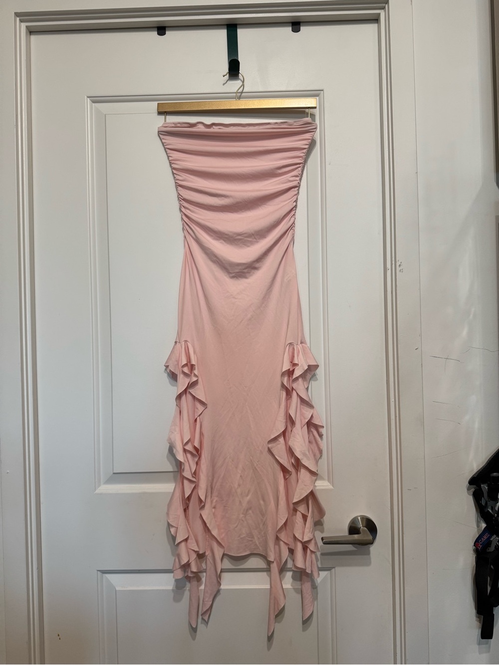 Strapless Pink Ruffle High-Slit Maxi Dress - Picture 2 of 4